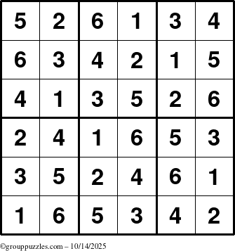 The grouppuzzles.com Answer grid for the Sudoku-6up puzzle for Tuesday October 14, 2025