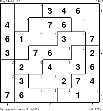 The grouppuzzles.com Easy Sudoku-7 puzzle for Tuesday October 14, 2025 with all 3 steps marked