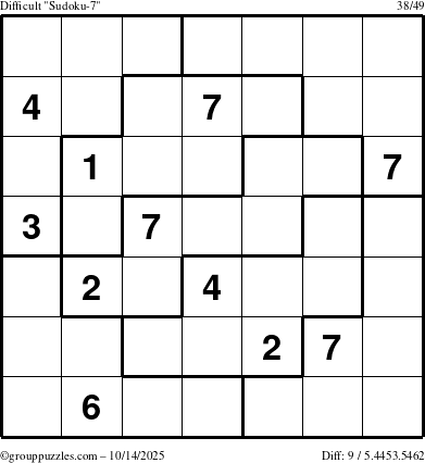 The grouppuzzles.com Difficult Sudoku-7 puzzle for Tuesday October 14, 2025