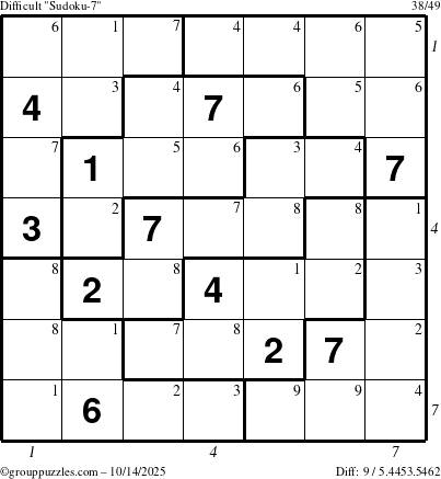 The grouppuzzles.com Difficult Sudoku-7 puzzle for Tuesday October 14, 2025 with all 9 steps marked