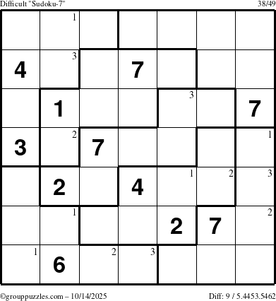 The grouppuzzles.com Difficult Sudoku-7 puzzle for Tuesday October 14, 2025 with the first 3 steps marked
