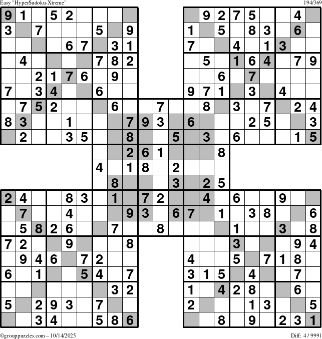 The grouppuzzles.com Easy HyperSudoku-Xtreme puzzle for Tuesday October 14, 2025