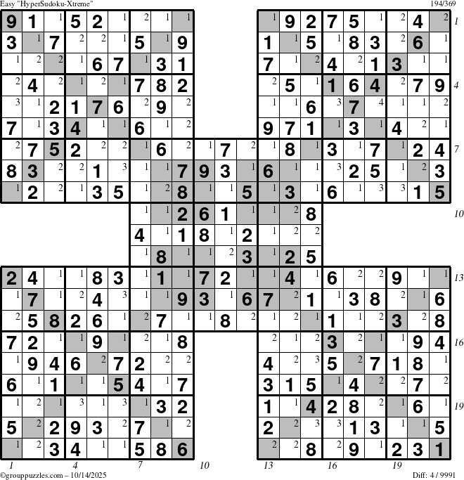 The grouppuzzles.com Easy HyperSudoku-Xtreme puzzle for Tuesday October 14, 2025, suitable for printing, with all 4 steps marked