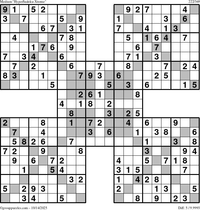 The grouppuzzles.com Medium HyperSudoku-Xtreme puzzle for Tuesday October 14, 2025