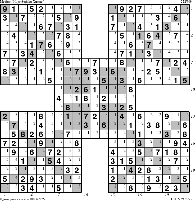 The grouppuzzles.com Medium HyperSudoku-Xtreme puzzle for Tuesday October 14, 2025 with all 5 steps marked