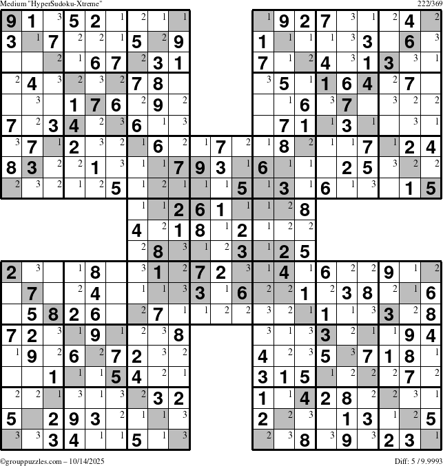 The grouppuzzles.com Medium HyperSudoku-Xtreme puzzle for Tuesday October 14, 2025 with the first 3 steps marked