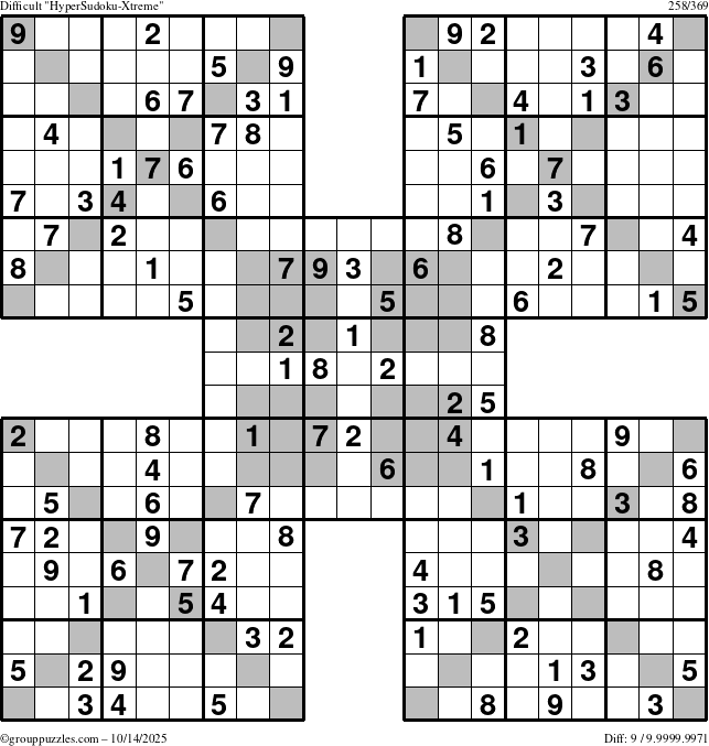 The grouppuzzles.com Difficult HyperSudoku-Xtreme puzzle for Tuesday October 14, 2025