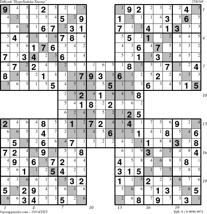 The grouppuzzles.com Difficult HyperSudoku-Xtreme puzzle for Tuesday October 14, 2025 with all 9 steps marked
