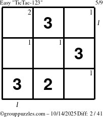The grouppuzzles.com Easy TicTac-123 puzzle for Tuesday October 14, 2025 with all 2 steps marked