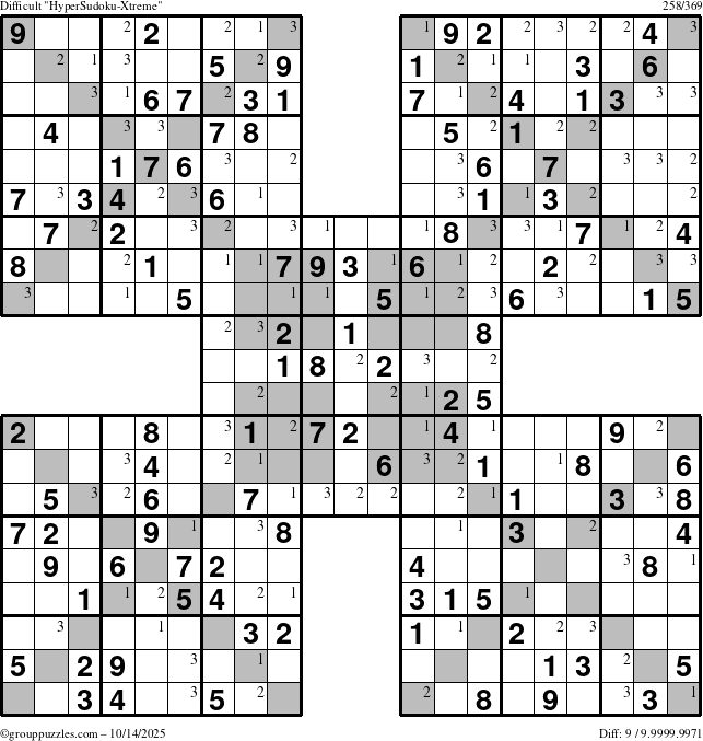 The grouppuzzles.com Difficult HyperSudoku-Xtreme puzzle for Tuesday October 14, 2025 with the first 3 steps marked