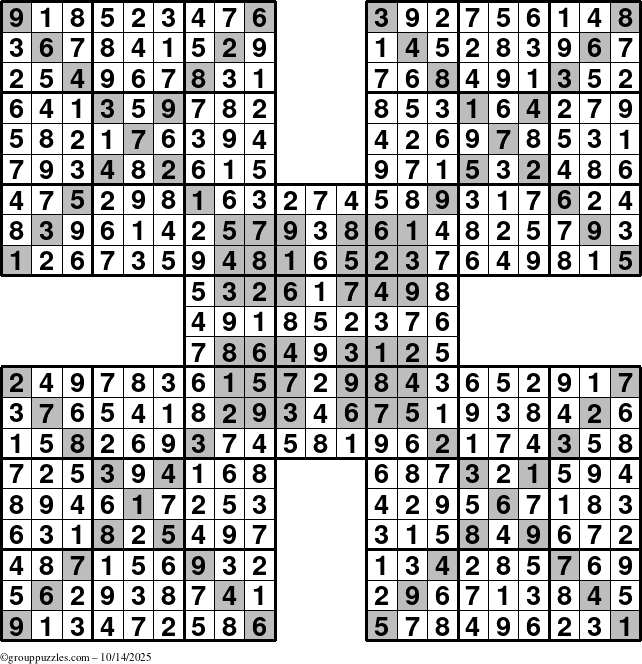 The grouppuzzles.com Answer grid for the HyperSudoku-Xtreme puzzle for Tuesday October 14, 2025
