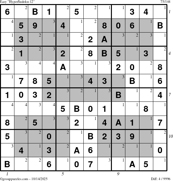 The grouppuzzles.com Easy HyperSudoku-12 puzzle for Tuesday October 14, 2025 with all 4 steps marked