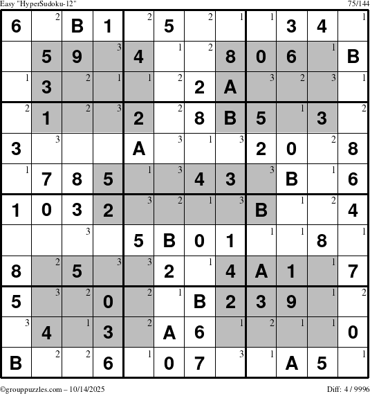 The grouppuzzles.com Easy HyperSudoku-12 puzzle for Tuesday October 14, 2025 with the first 3 steps marked