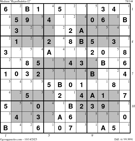 The grouppuzzles.com Medium HyperSudoku-12 puzzle for Tuesday October 14, 2025 with all 6 steps marked