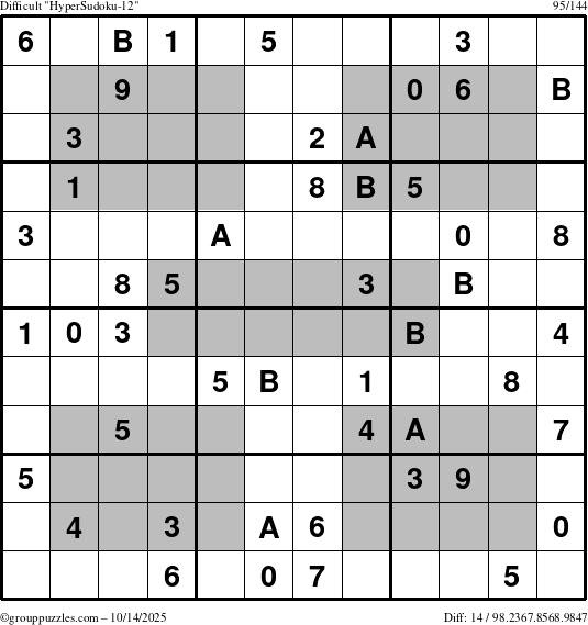 The grouppuzzles.com Difficult HyperSudoku-12 puzzle for Tuesday October 14, 2025