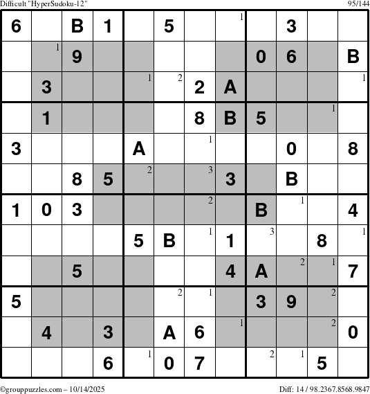 The grouppuzzles.com Difficult HyperSudoku-12 puzzle for Tuesday October 14, 2025 with the first 3 steps marked