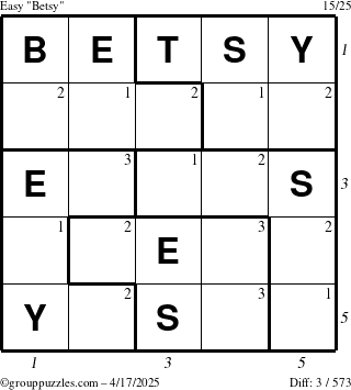 The grouppuzzles.com Easy Betsy puzzle for Thursday April 17, 2025, suitable for printing, with all 3 steps marked