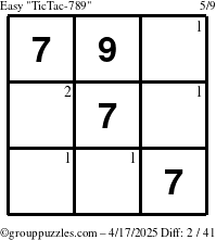 The grouppuzzles.com Easy TicTac-789 puzzle for Thursday April 17, 2025 with the first 2 steps marked