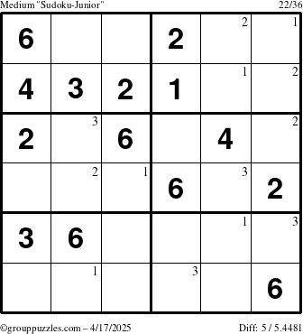 The grouppuzzles.com Medium Sudoku-Junior puzzle for Thursday April 17, 2025 with the first 3 steps marked