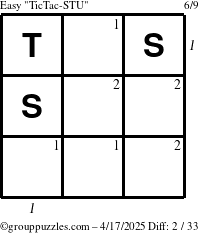The grouppuzzles.com Easy TicTac-STU puzzle for Thursday April 17, 2025, suitable for printing, with all 2 steps marked