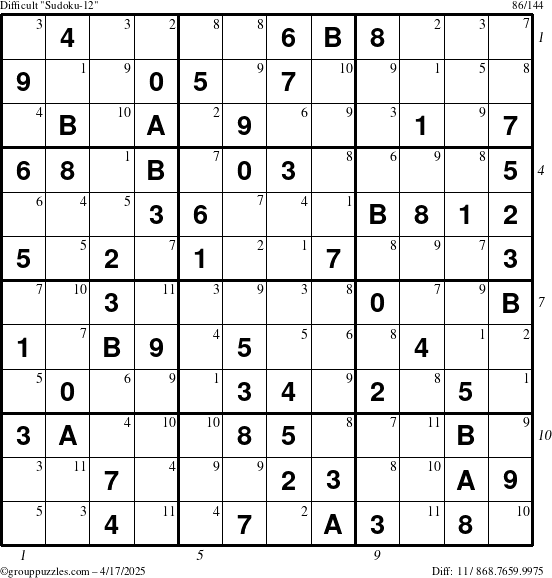 The grouppuzzles.com Difficult Sudoku-12 puzzle for Thursday April 17, 2025, suitable for printing, with all 11 steps marked