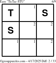 The grouppuzzles.com Easy TicTac-STU puzzle for Thursday April 17, 2025 with the first 2 steps marked