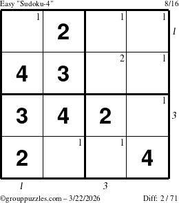 The grouppuzzles.com Easy Sudoku-4 puzzle for Sunday March 22, 2026, suitable for printing, with all 2 steps marked