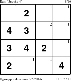 The grouppuzzles.com Easy Sudoku-4 puzzle for Sunday March 22, 2026 with the first 2 steps marked