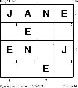 The grouppuzzles.com Easy Jane puzzle for Sunday March 22, 2026 with all 2 steps marked