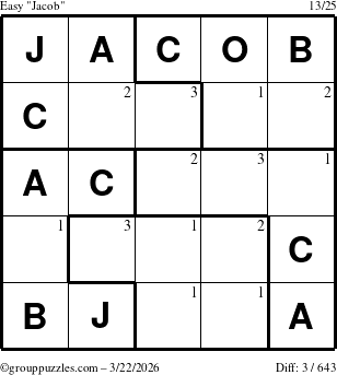 The grouppuzzles.com Easy Jacob puzzle for Sunday March 22, 2026 with the first 3 steps marked