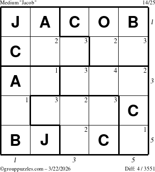 The grouppuzzles.com Medium Jacob puzzle for Sunday March 22, 2026, suitable for printing, with all 4 steps marked