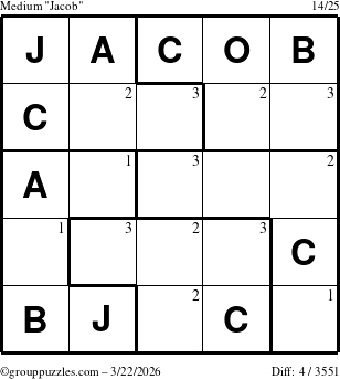 The grouppuzzles.com Medium Jacob puzzle for Sunday March 22, 2026 with the first 3 steps marked