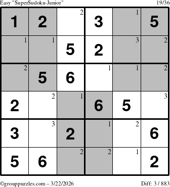 The grouppuzzles.com Easy SuperSudoku-Junior puzzle for Sunday March 22, 2026 with the first 3 steps marked
