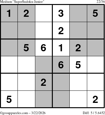 The grouppuzzles.com Medium SuperSudoku-Junior puzzle for Sunday March 22, 2026