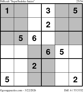 The grouppuzzles.com Difficult SuperSudoku-Junior puzzle for Sunday March 22, 2026