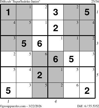 The grouppuzzles.com Difficult SuperSudoku-Junior puzzle for Sunday March 22, 2026 with all 6 steps marked