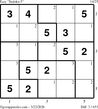 The grouppuzzles.com Easy Sudoku-5 puzzle for Sunday March 22, 2026 with all 3 steps marked
