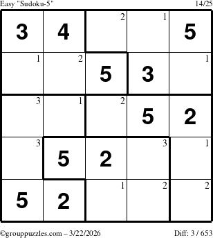 The grouppuzzles.com Easy Sudoku-5 puzzle for Sunday March 22, 2026 with the first 3 steps marked