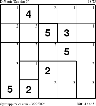 The grouppuzzles.com Difficult Sudoku-5 puzzle for Sunday March 22, 2026 with the first 3 steps marked