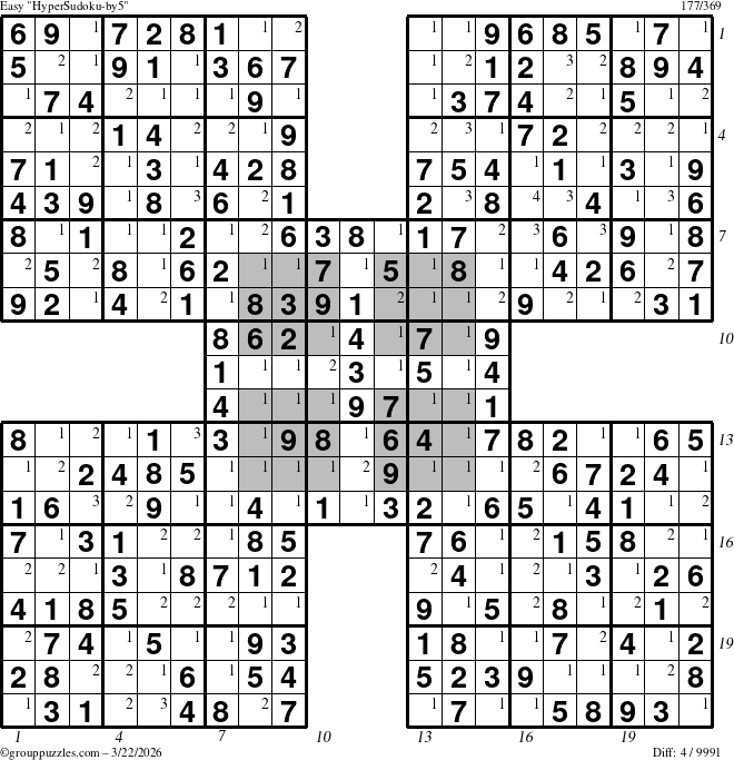The grouppuzzles.com Easy HyperSudoku-by5 puzzle for Sunday March 22, 2026 with all 4 steps marked