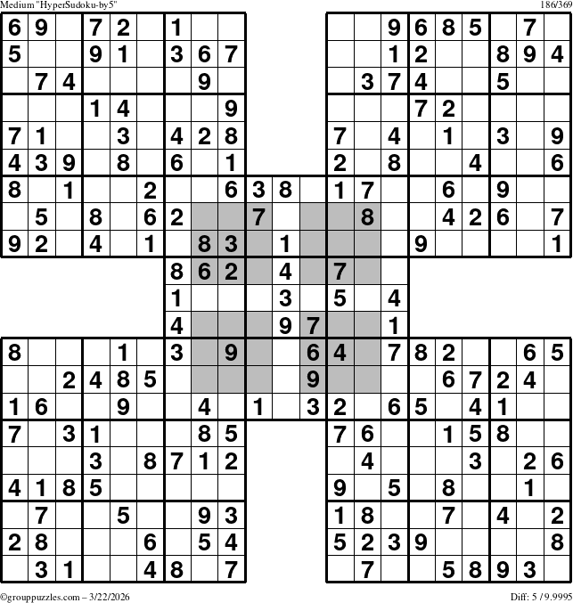 The grouppuzzles.com Medium HyperSudoku-by5 puzzle for Sunday March 22, 2026