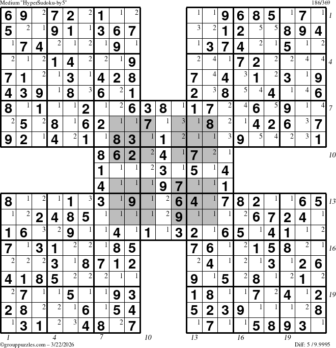 The grouppuzzles.com Medium HyperSudoku-by5 puzzle for Sunday March 22, 2026 with all 5 steps marked