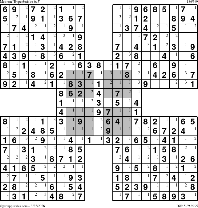 The grouppuzzles.com Medium HyperSudoku-by5 puzzle for Sunday March 22, 2026 with the first 3 steps marked