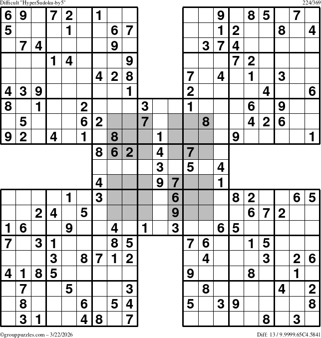 The grouppuzzles.com Difficult HyperSudoku-by5 puzzle for Sunday March 22, 2026
