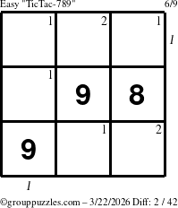 The grouppuzzles.com Easy TicTac-789 puzzle for Sunday March 22, 2026 with all 2 steps marked