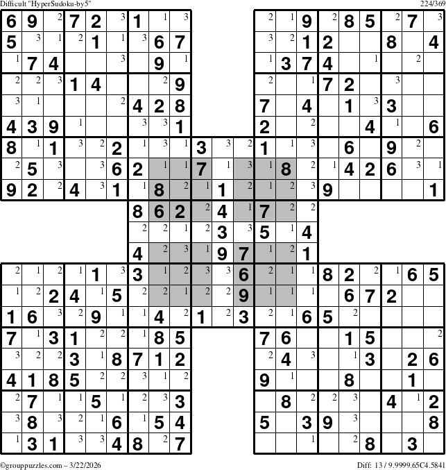 The grouppuzzles.com Difficult HyperSudoku-by5 puzzle for Sunday March 22, 2026 with the first 3 steps marked