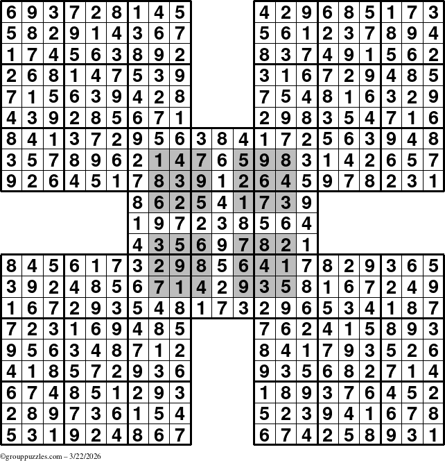 The grouppuzzles.com Answer grid for the HyperSudoku-by5 puzzle for Sunday March 22, 2026