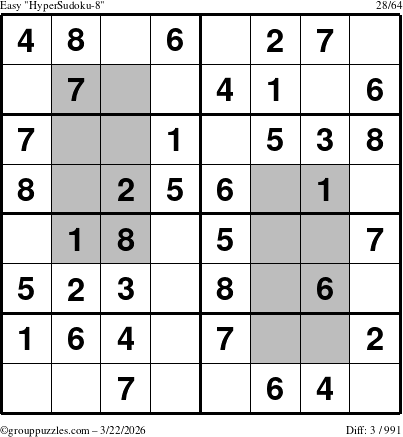The grouppuzzles.com Easy HyperSudoku-8 puzzle for Sunday March 22, 2026