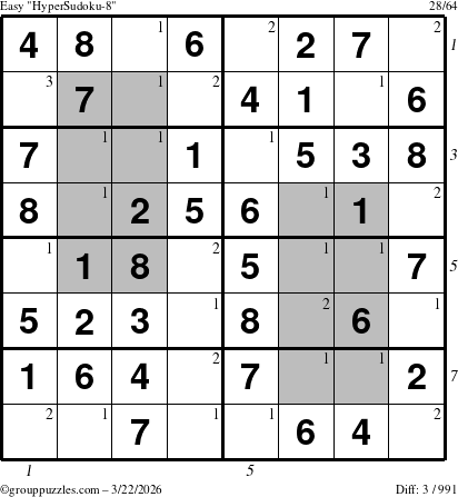 The grouppuzzles.com Easy HyperSudoku-8 puzzle for Sunday March 22, 2026 with all 3 steps marked