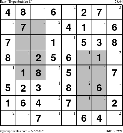 The grouppuzzles.com Easy HyperSudoku-8 puzzle for Sunday March 22, 2026 with the first 3 steps marked
